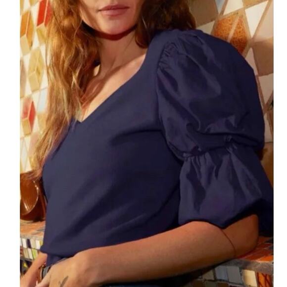 Nation Teddi Blue V Neck Sweatshirt Poplin Tiered Puff Sleeve Top M - Picture 4 of 8